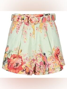 Zimmermann Floral High-Waist Shorts in Mint and Coral